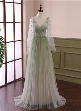 Picture of Pretty Gradient Tulle Green Beaded Long Sleeves Party Dresses, Green Formal Dresses